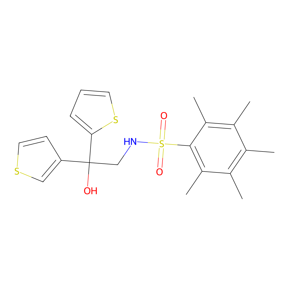 N-(2-hydroxy-2-(thiophen-2-yl)-2-(thiophen-3-yl)ethyl)-2,3,4,5,6-pentamethylbenzenesulfonamide molecular structure, CAS 2034401-34-6