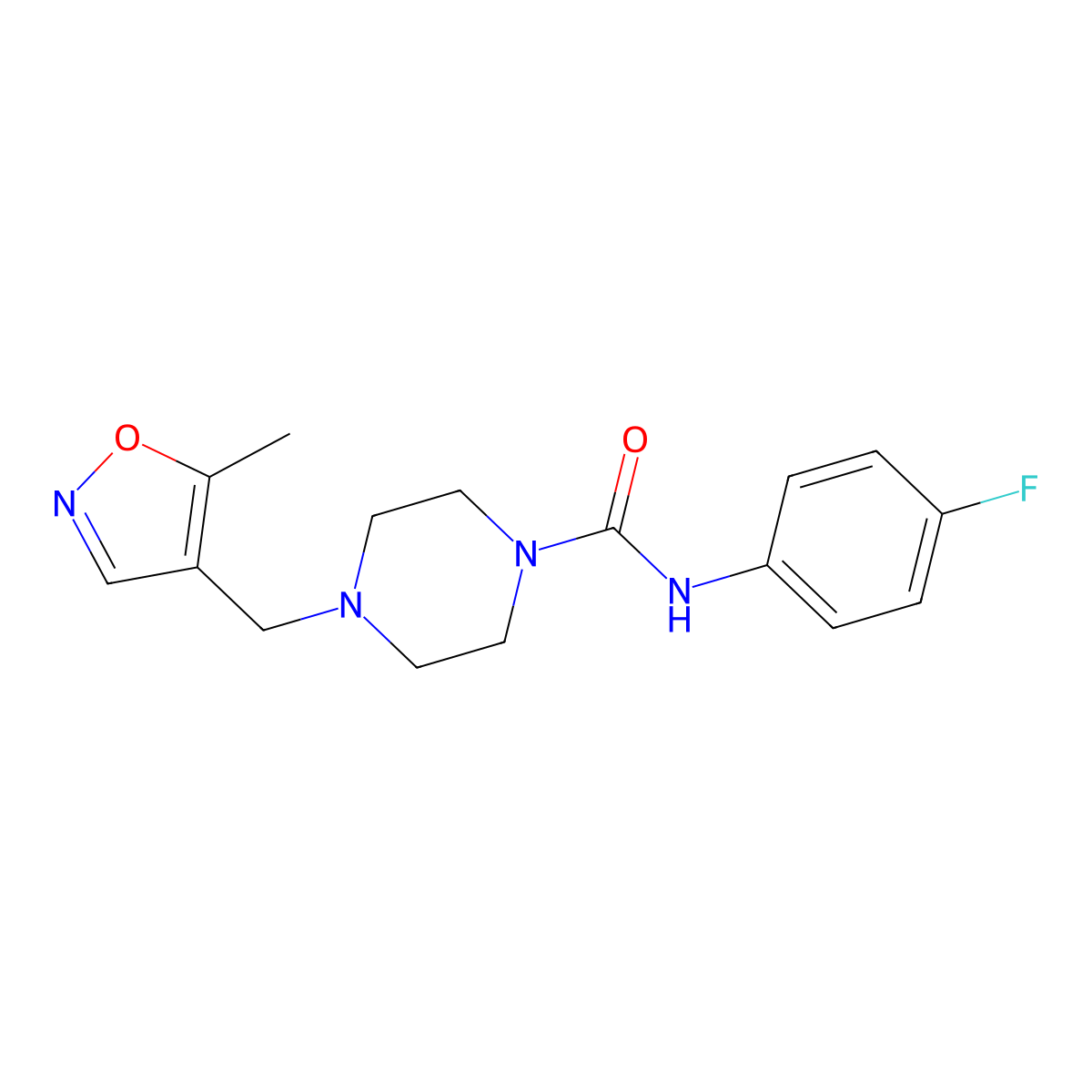 N-(4-fluorophenyl)-4-((5-methylisoxazol-4-yl)methyl)piperazine-1-carboxamide molecular structure, CAS 2034401-42-6