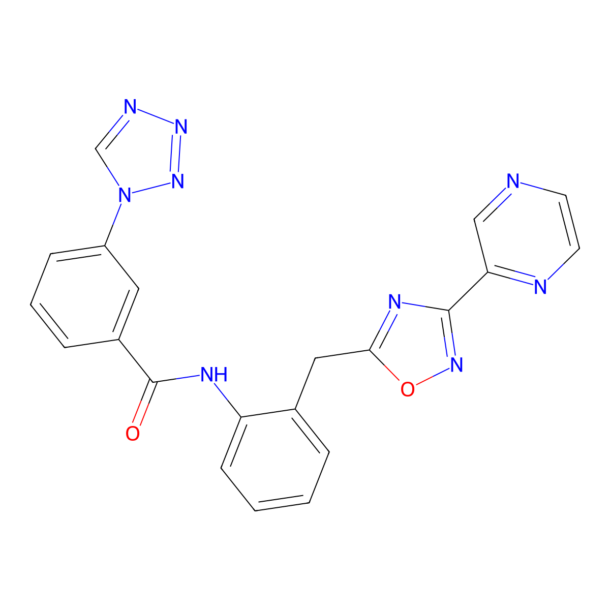 N-(2-((3-(pyrazin-2-yl)-1,2,4-oxadiazol-5-yl)methyl)phenyl)-3-(1H-tetrazol-1-yl)benzamide molecular structure, CAS 2034401-67-5