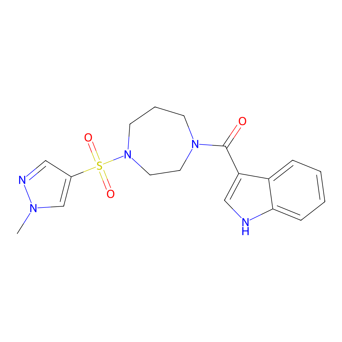 (1H-indol-3-yl)(4-((1-methyl-1H-pyrazol-4-yl)sulfonyl)-1,4-diazepan-1-yl)methanone molecular structure, CAS 2034401-86-8