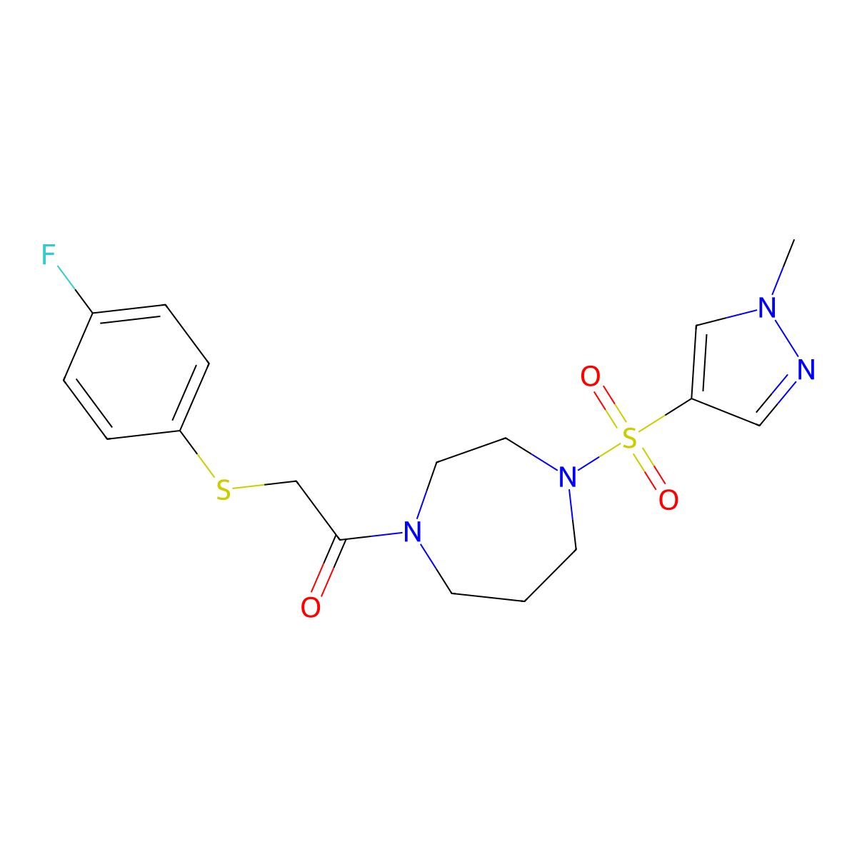 2-((4-fluorophenyl)thio)-1-(4-((1-methyl-1H-pyrazol-4-yl)sulfonyl)-1,4-diazepan-1-yl)ethanone molecular structure, CAS 2034401-92-6