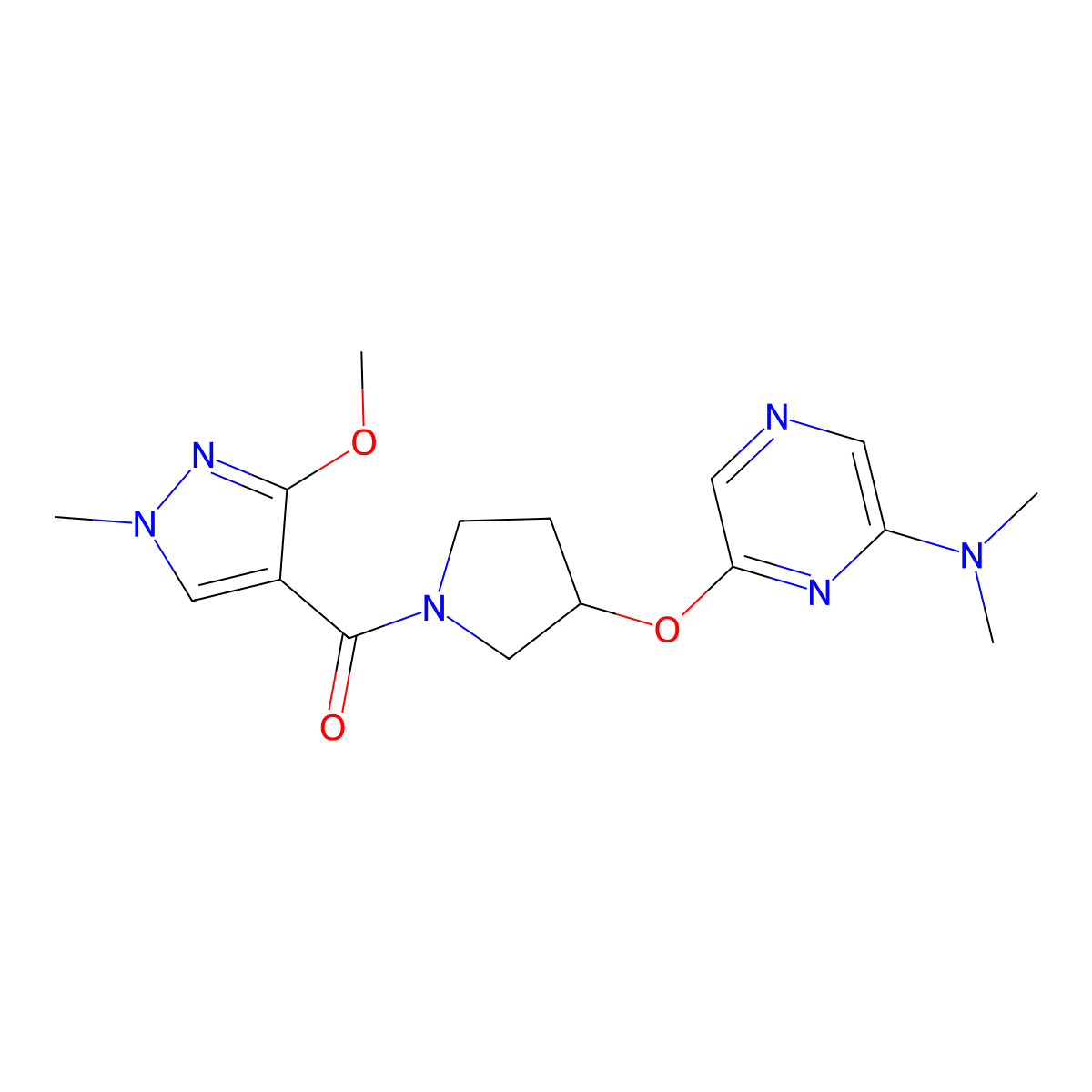 (3-((6-(dimethylamino)pyrazin-2-yl)oxy)pyrrolidin-1-yl)(3-methoxy-1-methyl-1H-pyrazol-4-yl)methanone molecular structure, CAS 2034401-93-7