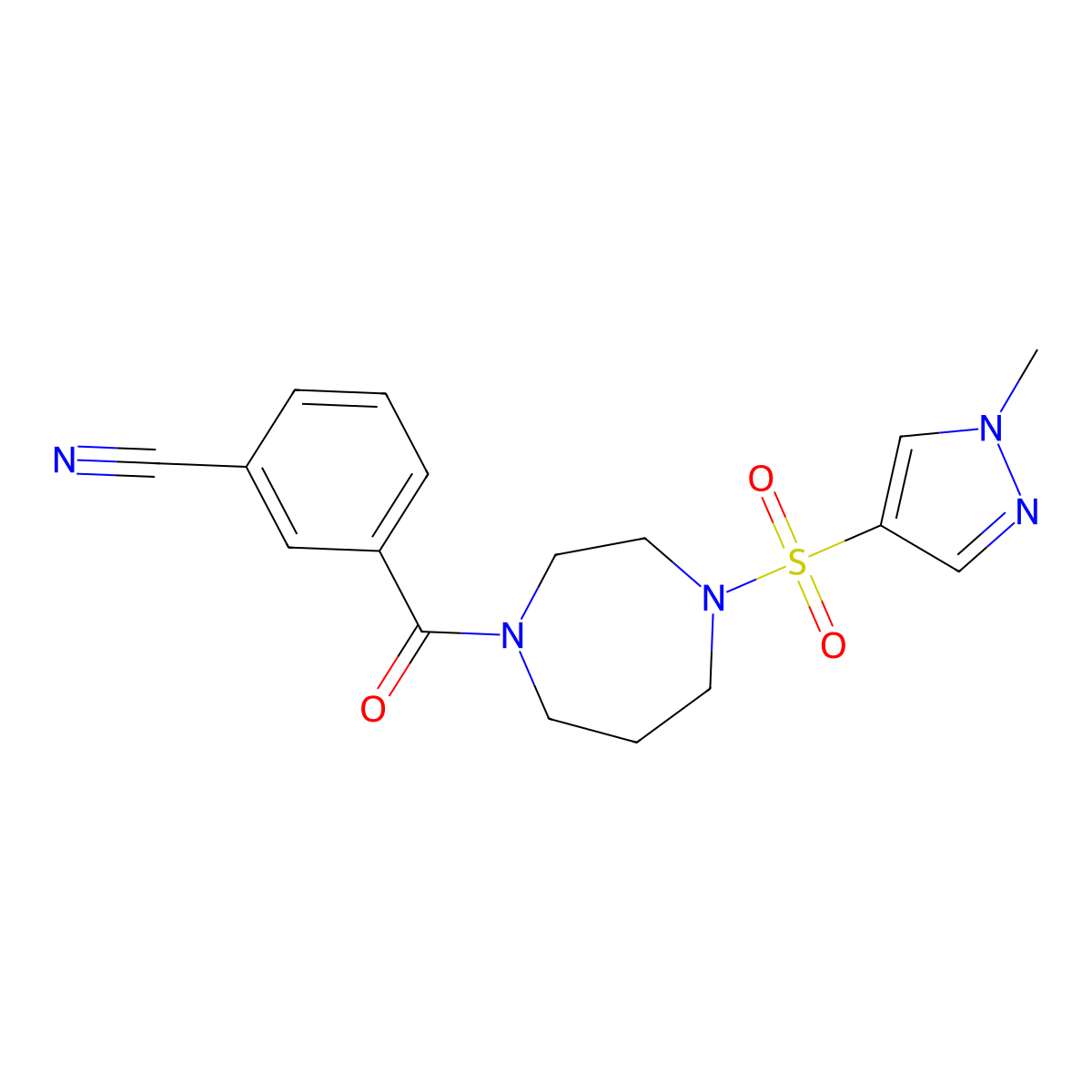 3-(4-((1-methyl-1H-pyrazol-4-yl)sulfonyl)-1,4-diazepane-1-carbonyl)benzonitrile molecular structure, CAS 2034401-99-3