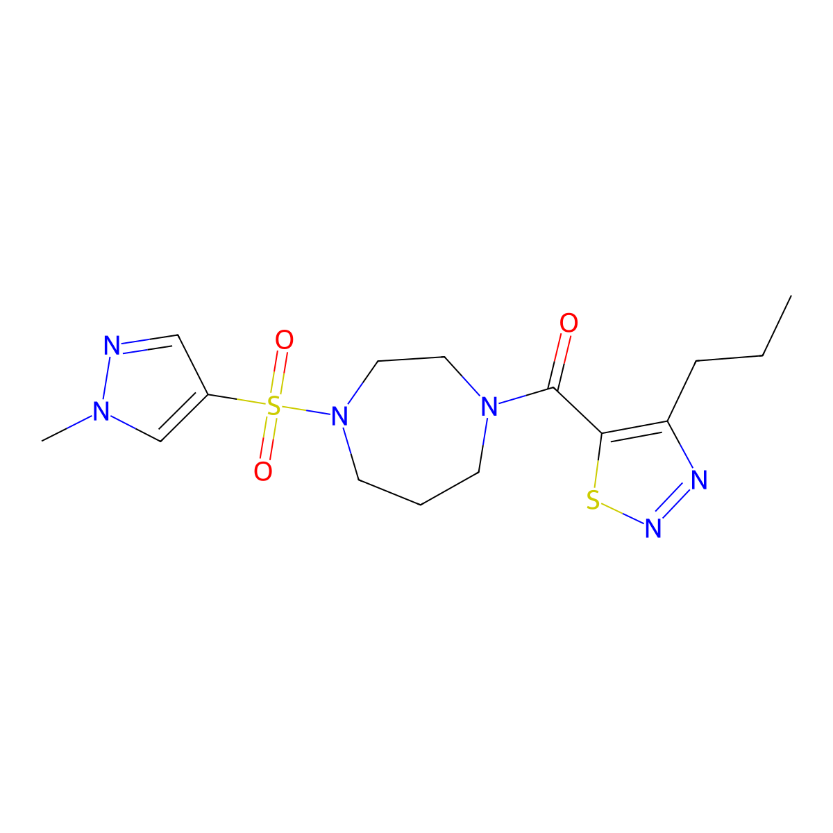 (4-((1-methyl-1H-pyrazol-4-yl)sulfonyl)-1,4-diazepan-1-yl)(4-propyl-1,2,3-thiadiazol-5-yl)methanone molecular structure, CAS 2034402-03-2