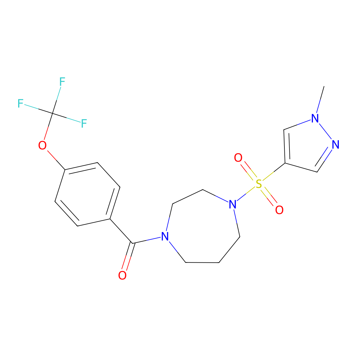 (4-((1-methyl-1H-pyrazol-4-yl)sulfonyl)-1,4-diazepan-1-yl)(4-(trifluoromethoxy)phenyl)methanone molecular structure, CAS 2034402-11-2