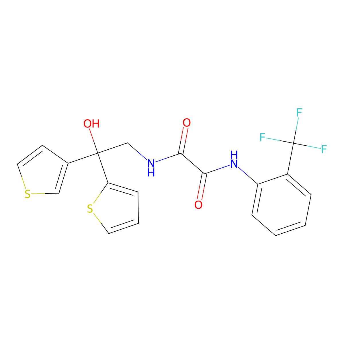 N1-(2-hydroxy-2-(thiophen-2-yl)-2-(thiophen-3-yl)ethyl)-N2-(2-(trifluoromethyl)phenyl)oxalamide molecular structure, CAS 2034402-14-5