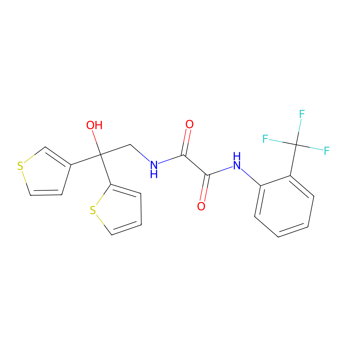 N1-(2-hydroxy-2-(thiophen-2-yl)-2-(thiophen-3-yl)ethyl)-N2-(2-(trifluoromethyl)phenyl)oxalamide molecular structure, CAS 2034402-14-5