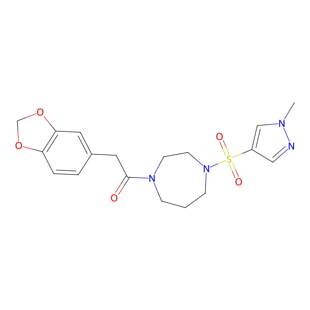 2-(benzo[d][1,3]dioxol-5-yl)-1-(4-((1-methyl-1H-pyrazol-4-yl)sulfonyl)-1,4-diazepan-1-yl)ethanone molecular structure, CAS 2034402-16-7