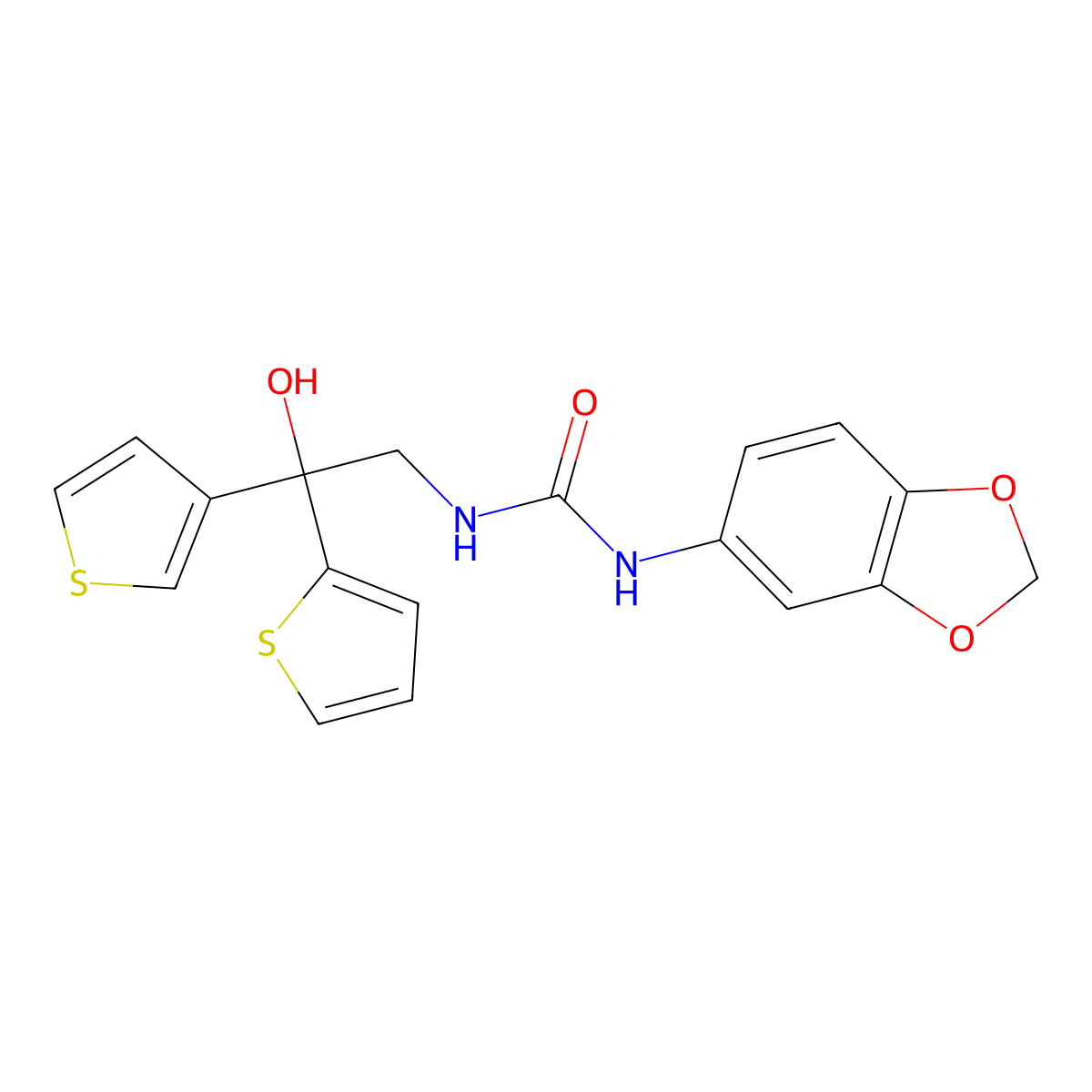 1-(Benzo[d][1,3]dioxol-5-yl)-3-(2-hydroxy-2-(thiophen-2-yl)-2-(thiophen-3-yl)ethyl)urea molecular structure, CAS 2034402-30-5
