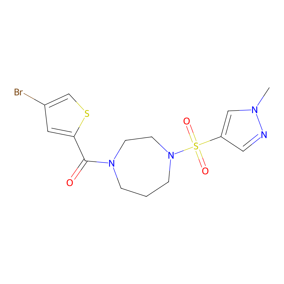 (4-bromothiophen-2-yl)(4-((1-methyl-1H-pyrazol-4-yl)sulfonyl)-1,4-diazepan-1-yl)methanone molecular structure, CAS 2034402-43-0