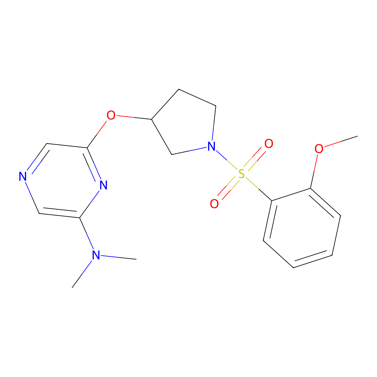 6-((1-((2-methoxyphenyl)sulfonyl)pyrrolidin-3-yl)oxy)-N,N-dimethylpyrazin-2-amine molecular structure, CAS 2034402-68-9