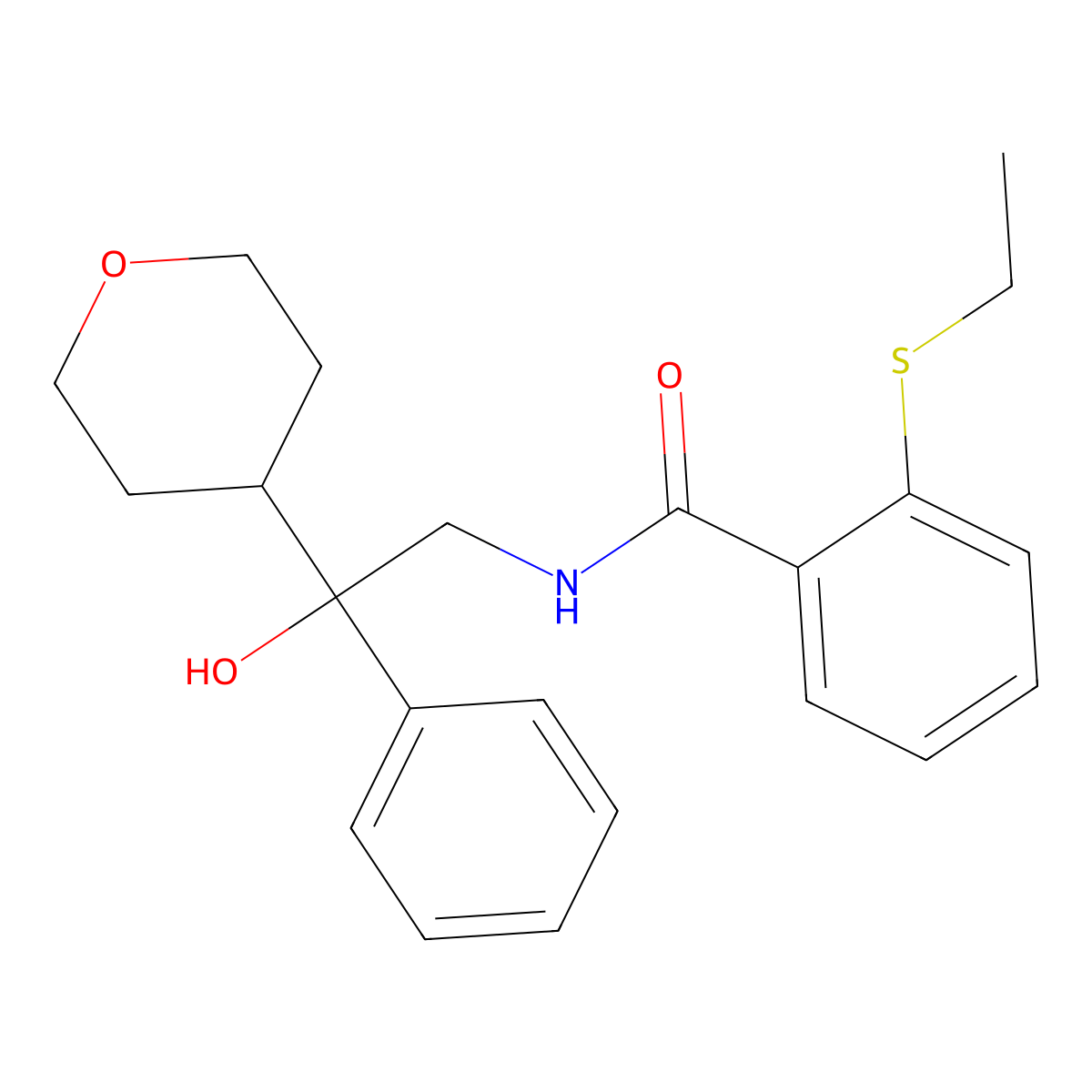 2-(ethylthio)-N-(2-hydroxy-2-phenyl-2-(tetrahydro-2H-pyran-4-yl)ethyl)benzamide molecular structure, CAS 2034402-77-0