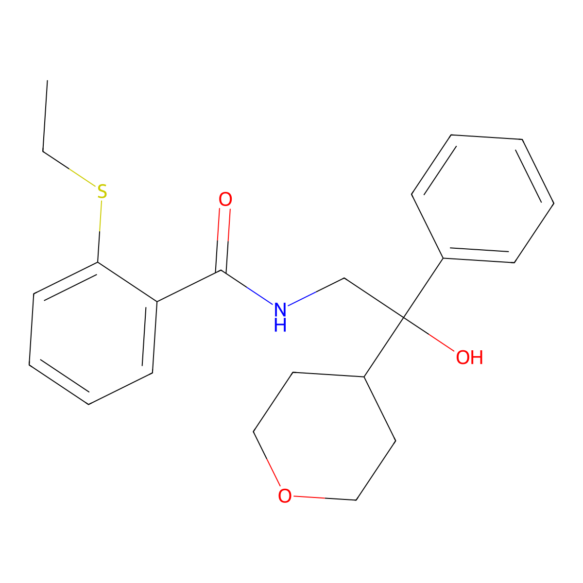 2-(ethylthio)-N-(2-hydroxy-2-phenyl-2-(tetrahydro-2H-pyran-4-yl)ethyl)benzamide molecular structure, CAS 2034402-77-0