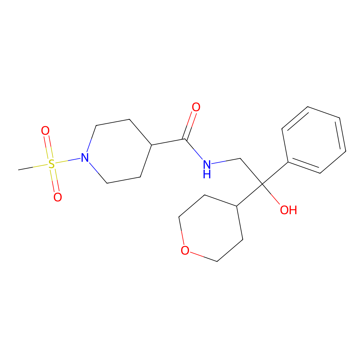 N-(2-hydroxy-2-phenyl-2-(tetrahydro-2H-pyran-4-yl)ethyl)-1-(methylsulfonyl)piperidine-4-carboxamide molecular structure, CAS 2034402-84-9