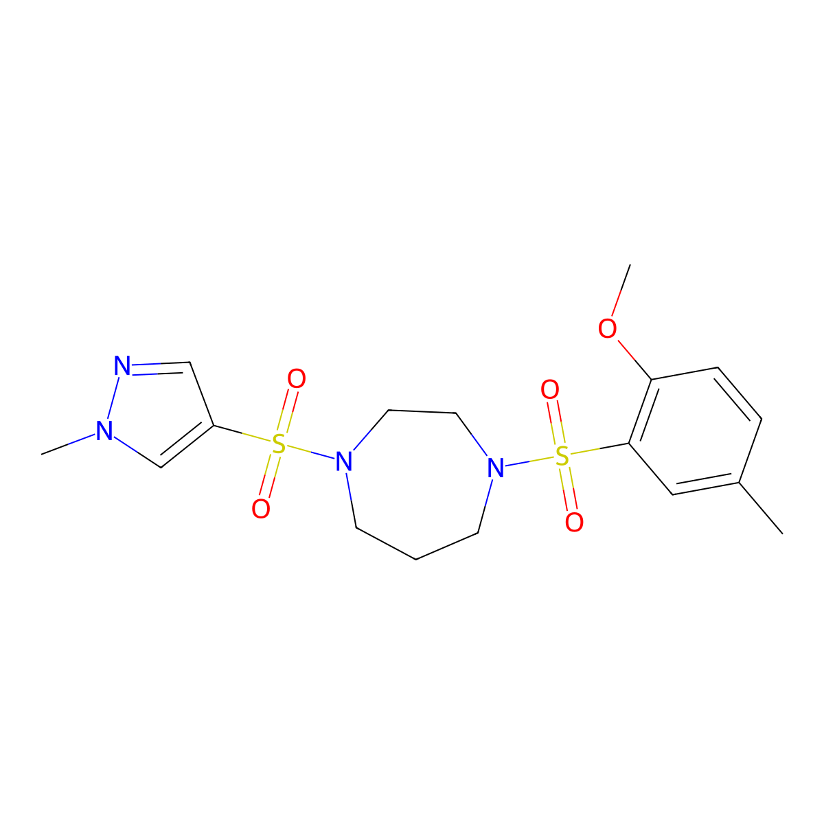 1-((2-methoxy-5-methylphenyl)sulfonyl)-4-((1-methyl-1H-pyrazol-4-yl)sulfonyl)-1,4-diazepane molecular structure, CAS 2034402-86-1