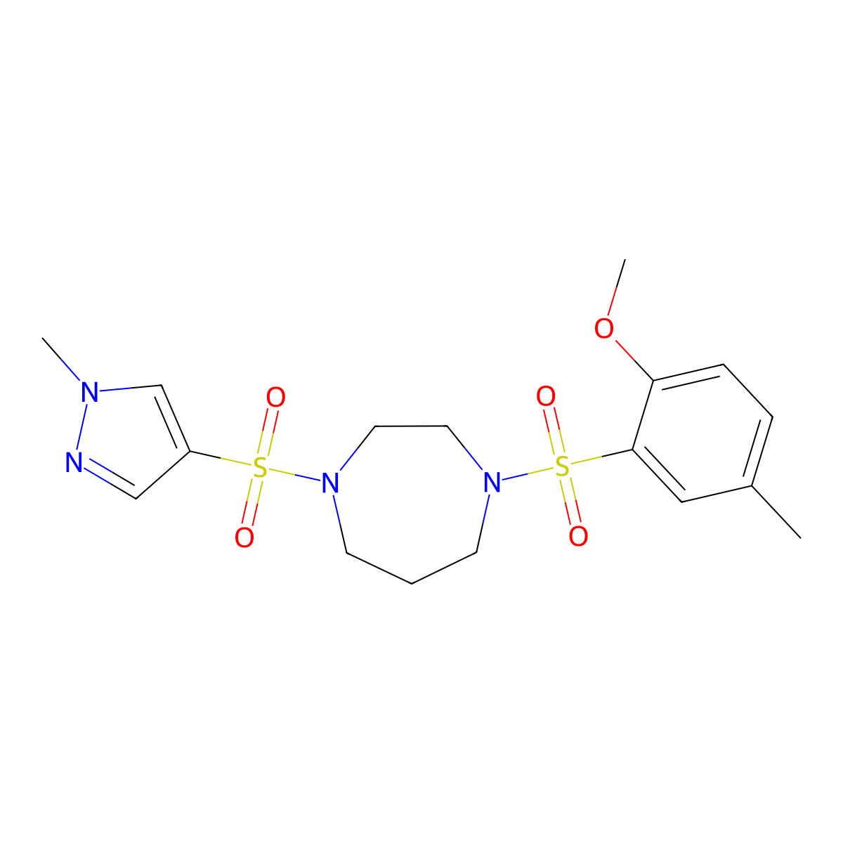 1-((2-methoxy-5-methylphenyl)sulfonyl)-4-((1-methyl-1H-pyrazol-4-yl)sulfonyl)-1,4-diazepane molecular structure, CAS 2034402-86-1