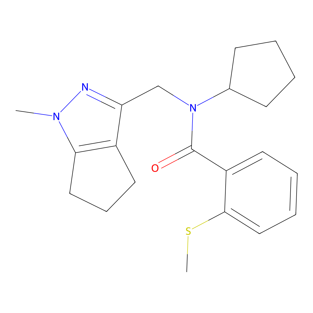 N-cyclopentyl-N-((1-methyl-1,4,5,6-tetrahydrocyclopenta[c]pyrazol-3-yl)methyl)-2-(methylthio)benzamide molecular structure, CAS 2034403-00-2