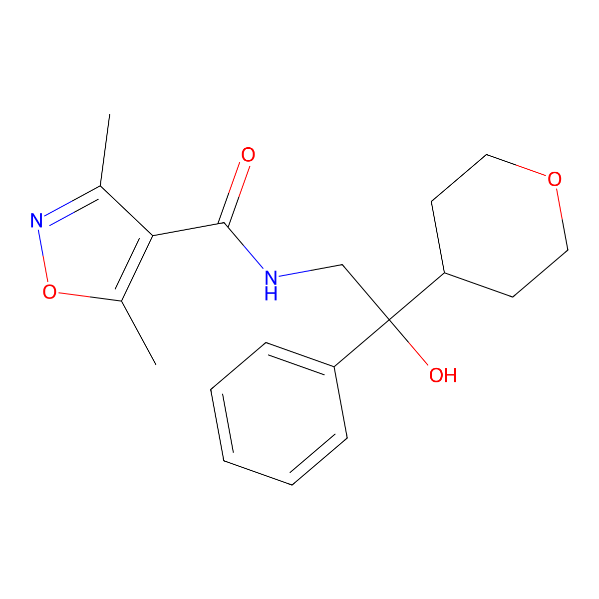 N-(2-hydroxy-2-phenyl-2-(tetrahydro-2H-pyran-4-yl)ethyl)-3,5-dimethylisoxazole-4-carboxamide molecular structure, CAS 2034403-01-3