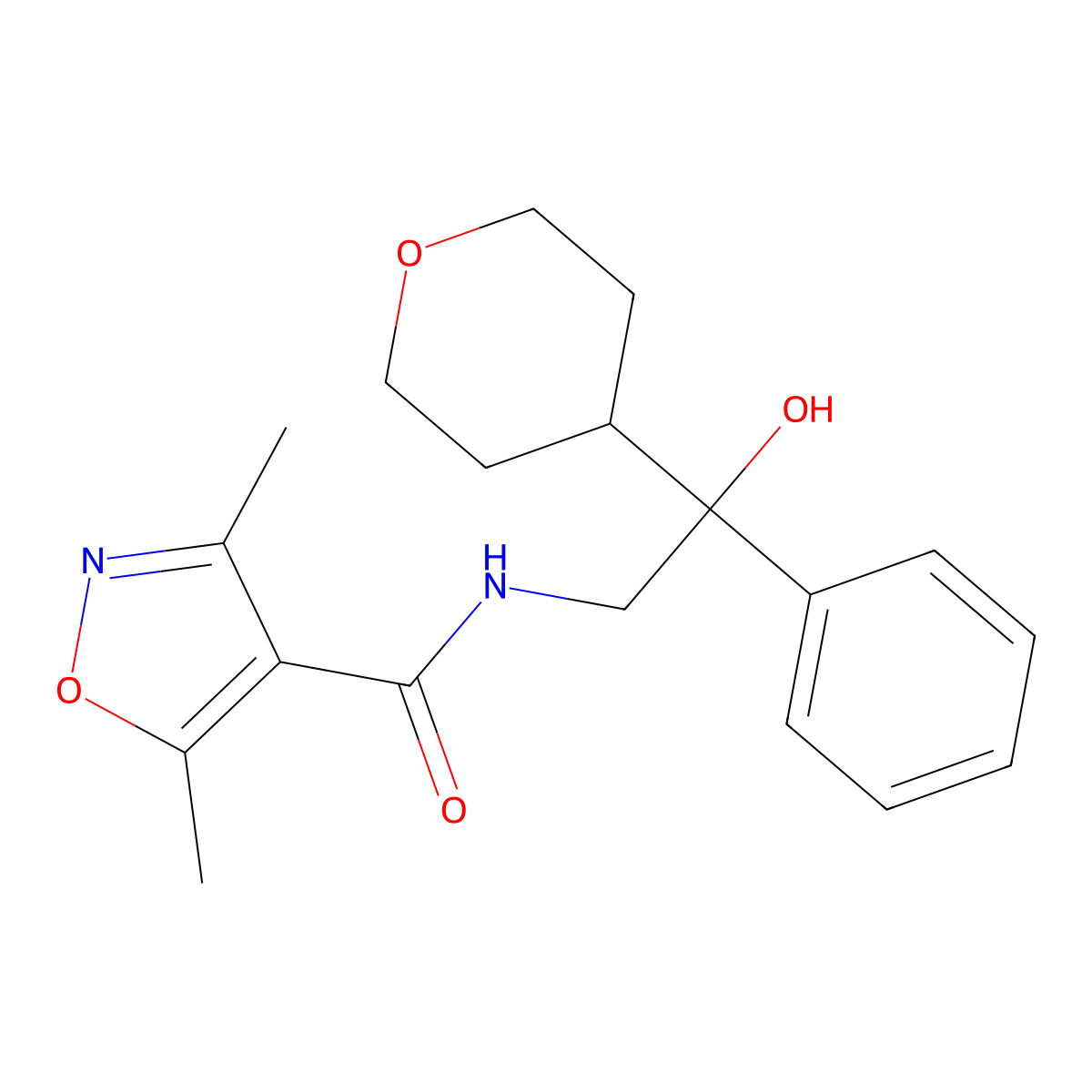 N-(2-hydroxy-2-phenyl-2-(tetrahydro-2H-pyran-4-yl)ethyl)-3,5-dimethylisoxazole-4-carboxamide molecular structure, CAS 2034403-01-3
