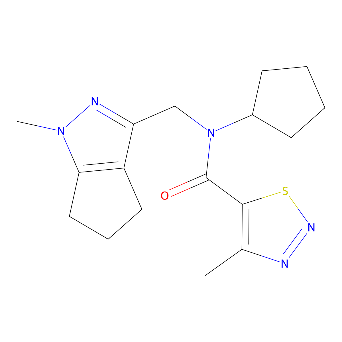 N-cyclopentyl-4-methyl-N-((1-methyl-1,4,5,6-tetrahydrocyclopenta[c]pyrazol-3-yl)methyl)-1,2,3-thiadiazole-5-carboxamide molecular structure, CAS 2034403-03-5