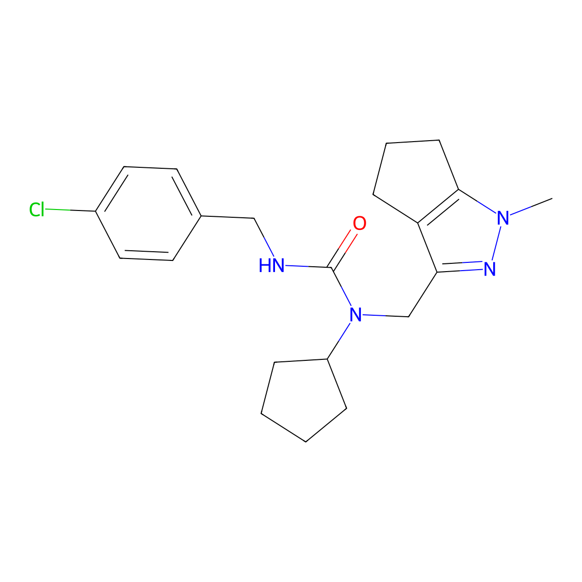 3-(4-Chlorobenzyl)-1-cyclopentyl-1-((1-methyl-1,4,5,6-tetrahydrocyclopenta[c]pyrazol-3-yl)methyl)urea molecular structure, CAS 2034403-06-8