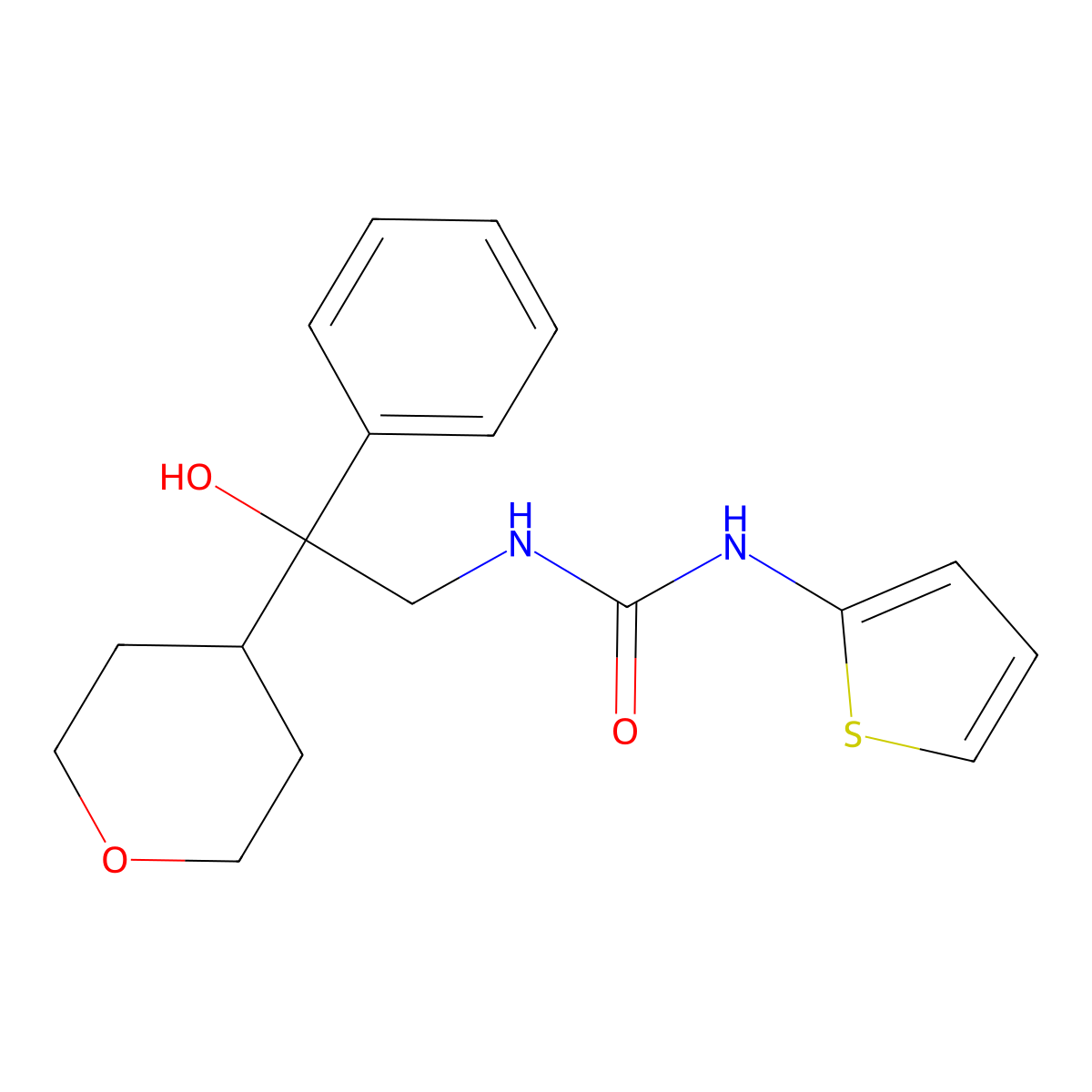 1-(2-hydroxy-2-phenyl-2-(tetrahydro-2H-pyran-4-yl)ethyl)-3-(thiophen-2-yl)urea molecular structure, CAS 2034403-16-0