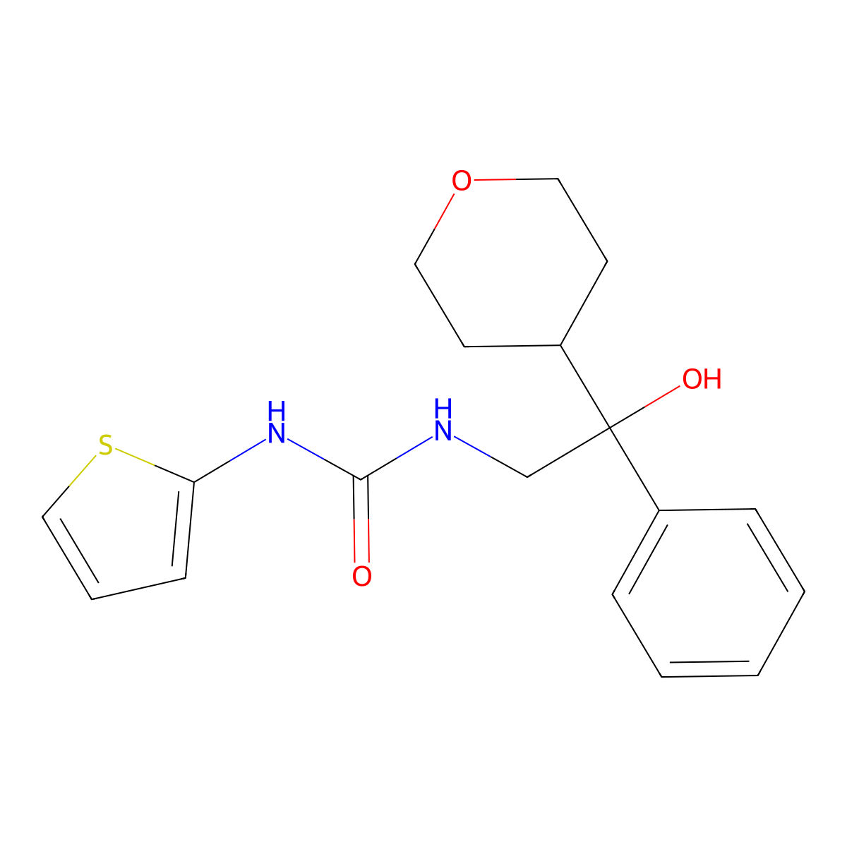 1-(2-hydroxy-2-phenyl-2-(tetrahydro-2H-pyran-4-yl)ethyl)-3-(thiophen-2-yl)urea molecular structure, CAS 2034403-16-0