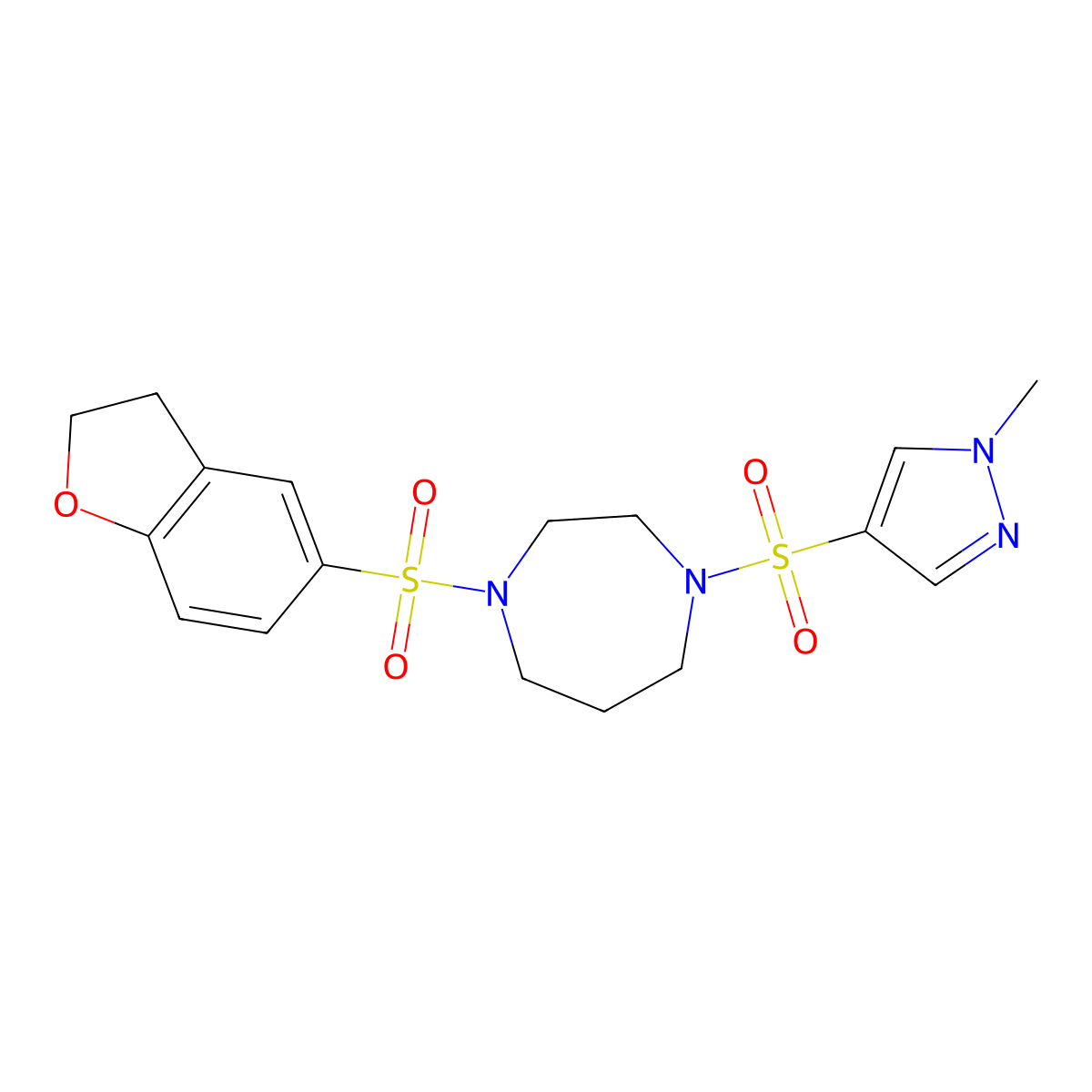 1-((2,3-dihydrobenzofuran-5-yl)sulfonyl)-4-((1-methyl-1H-pyrazol-4-yl)sulfonyl)-1,4-diazepane molecular structure, CAS 2034403-28-4