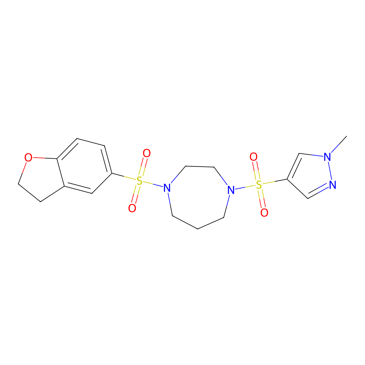 1-((2,3-dihydrobenzofuran-5-yl)sulfonyl)-4-((1-methyl-1H-pyrazol-4-yl)sulfonyl)-1,4-diazepane molecular structure, CAS 2034403-28-4