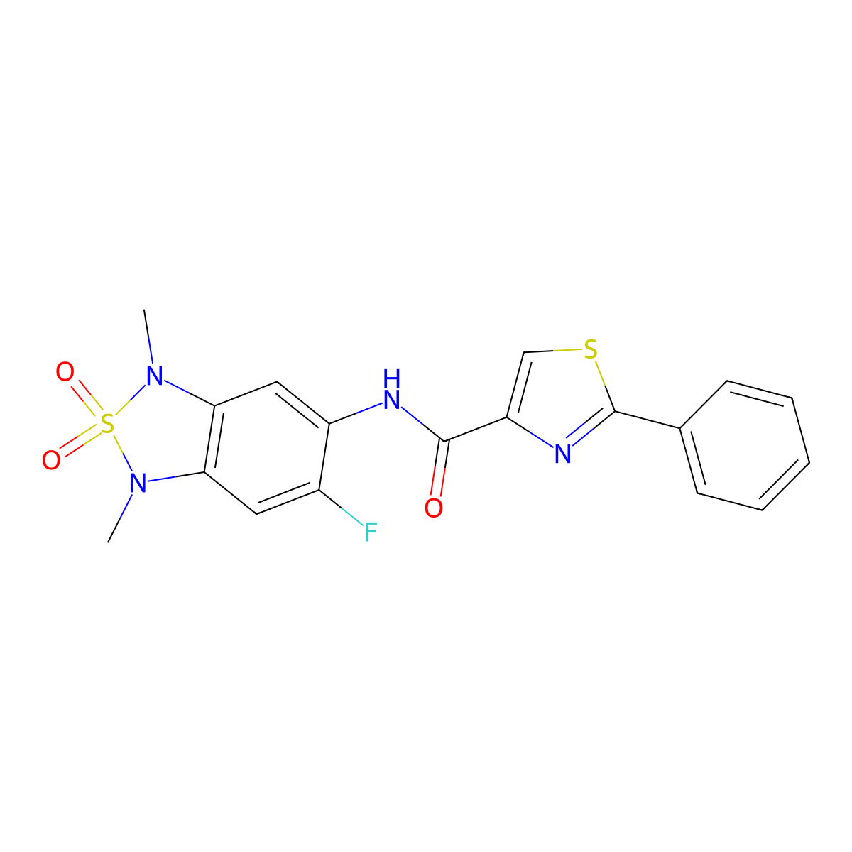 N-(6-fluoro-1,3-dimethyl-2,2-dioxido-1,3-dihydrobenzo[c][1,2,5]thiadiazol-5-yl)-2-phenylthiazole-4-carboxamide molecular structure, CAS 2034403-37-5
