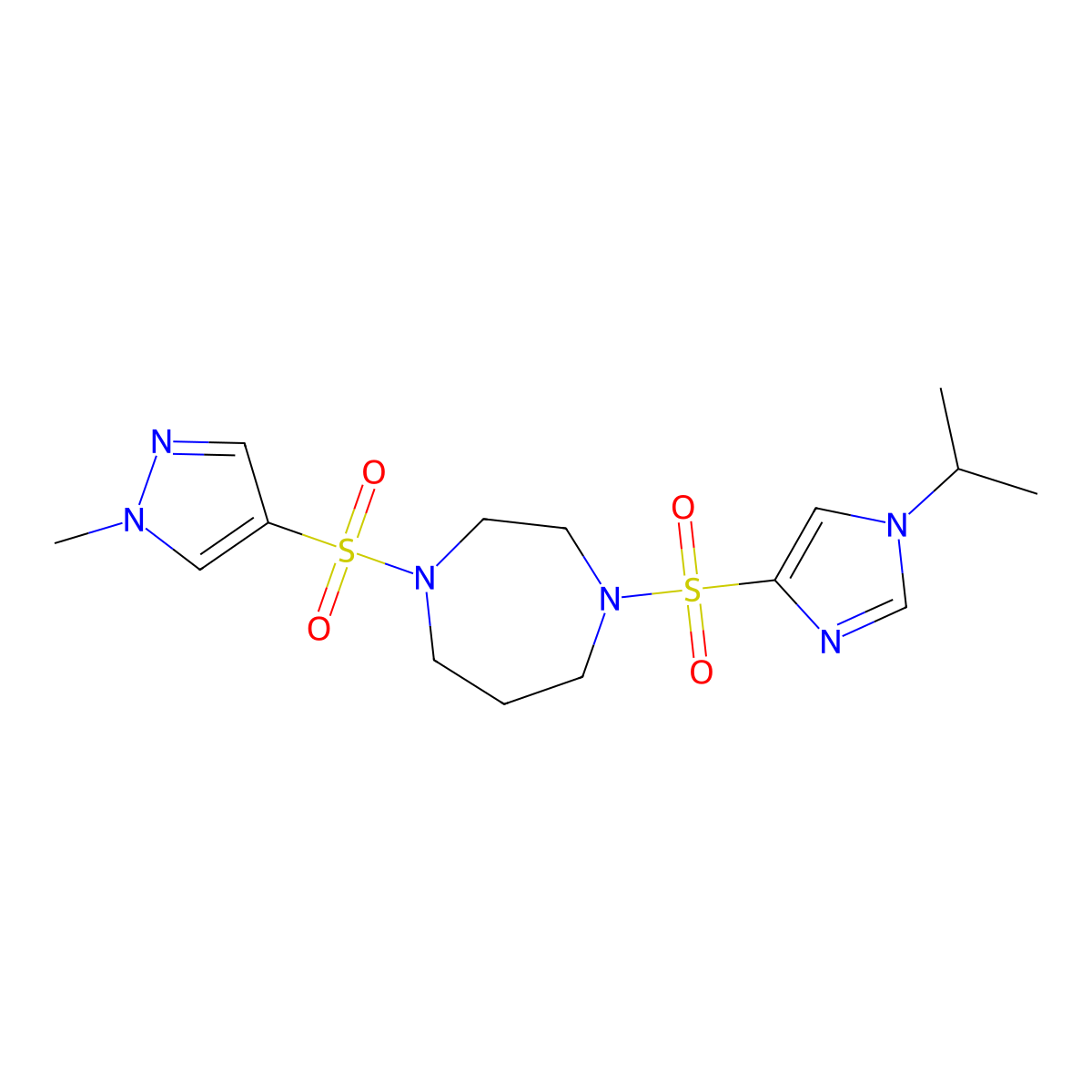 1-((1-isopropyl-1H-imidazol-4-yl)sulfonyl)-4-((1-methyl-1H-pyrazol-4-yl)sulfonyl)-1,4-diazepane molecular structure, CAS 2034403-38-6