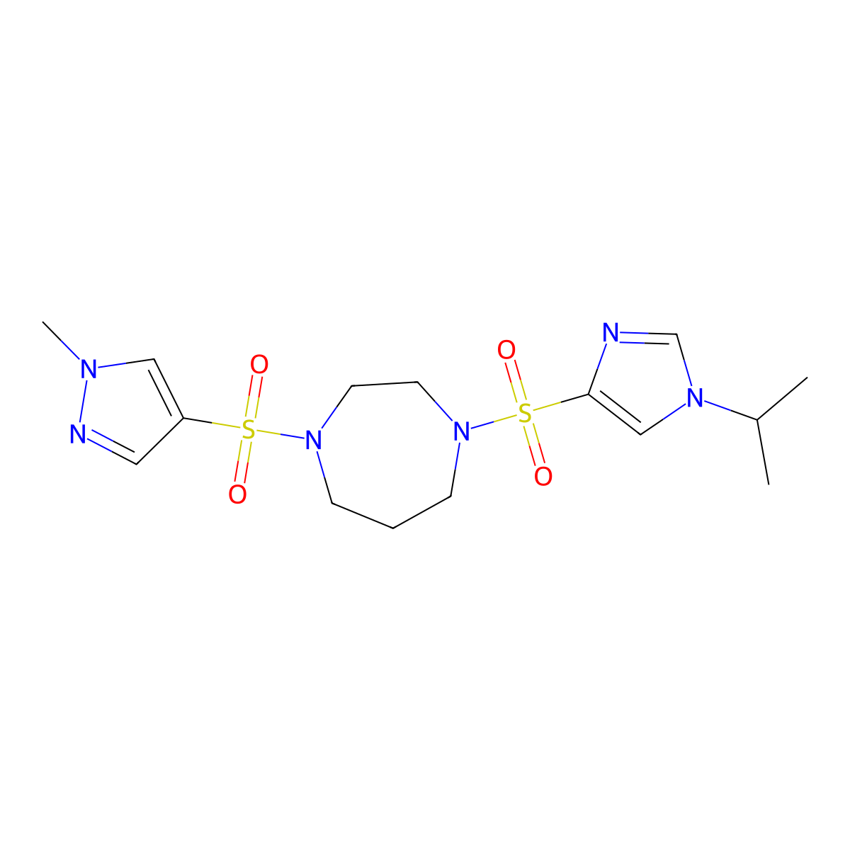 1-((1-isopropyl-1H-imidazol-4-yl)sulfonyl)-4-((1-methyl-1H-pyrazol-4-yl)sulfonyl)-1,4-diazepane molecular structure, CAS 2034403-38-6