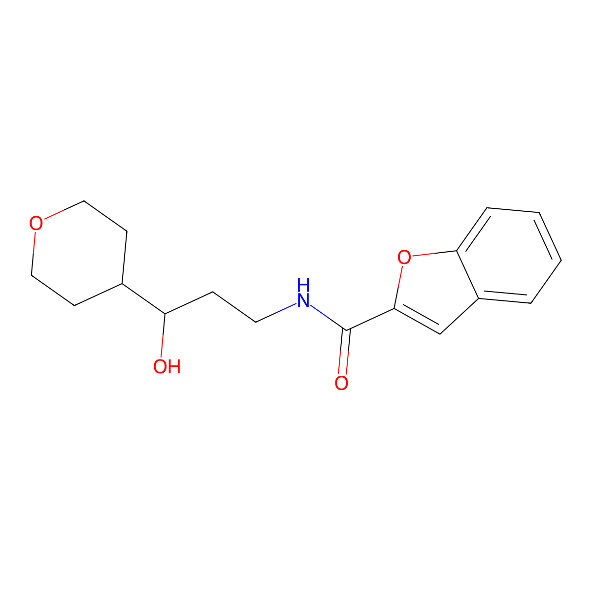 N-(3-hydroxy-3-(tetrahydro-2H-pyran-4-yl)propyl)benzofuran-2-carboxamide molecular structure, CAS 2034403-43-3