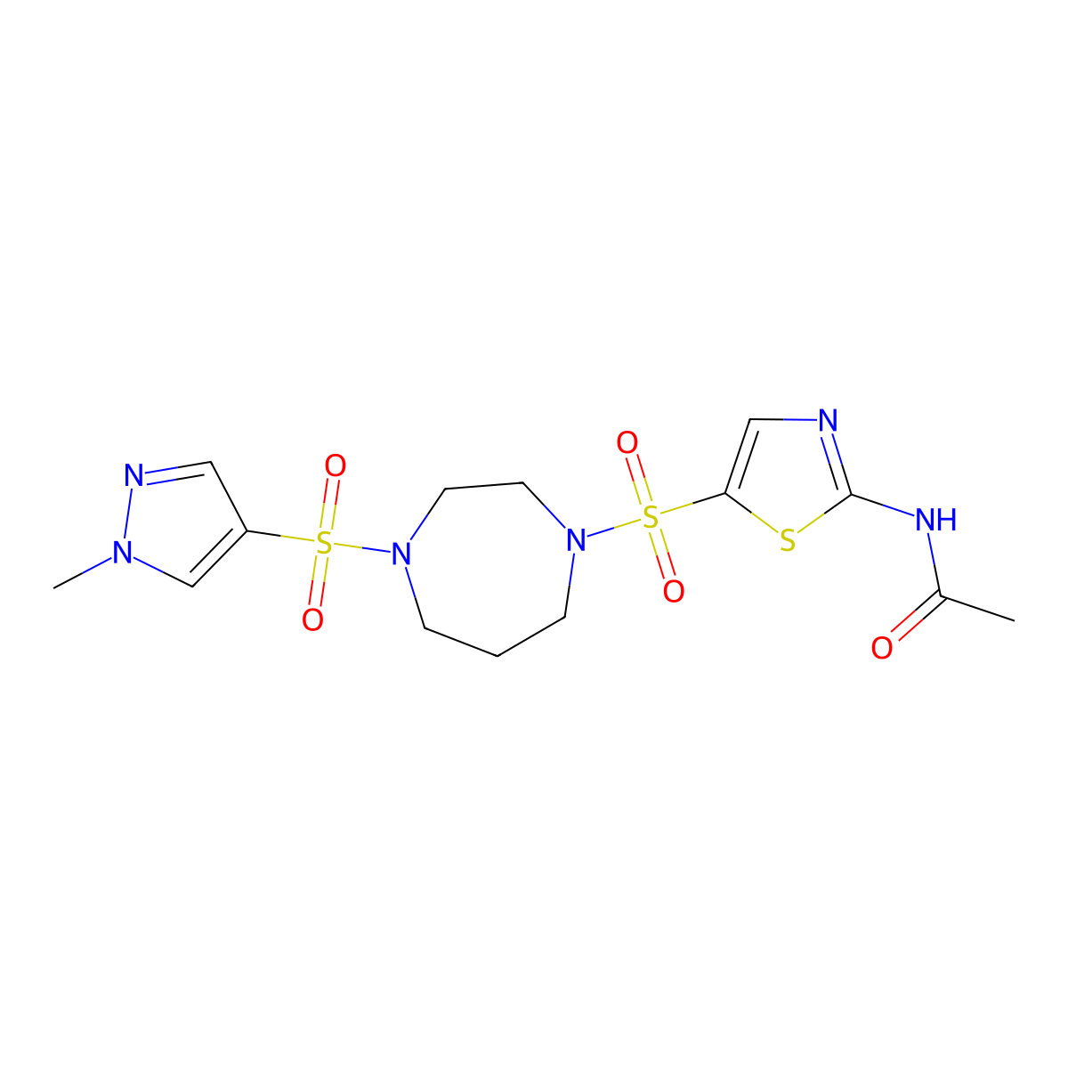 N-(5-((4-((1-methyl-1H-pyrazol-4-yl)sulfonyl)-1,4-diazepan-1-yl)sulfonyl)thiazol-2-yl)acetamide molecular structure, CAS 2034403-47-7