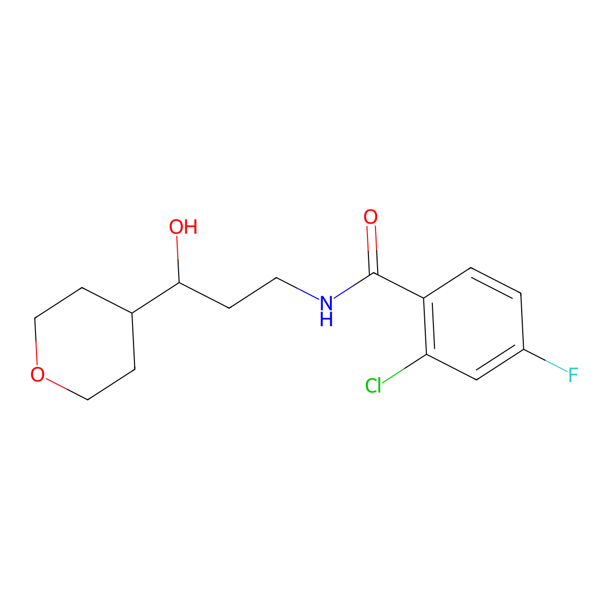 2-chloro-4-fluoro-N-[3-hydroxy-3-(oxan-4-yl)propyl]benzamide molecular structure, CAS 2034403-52-4