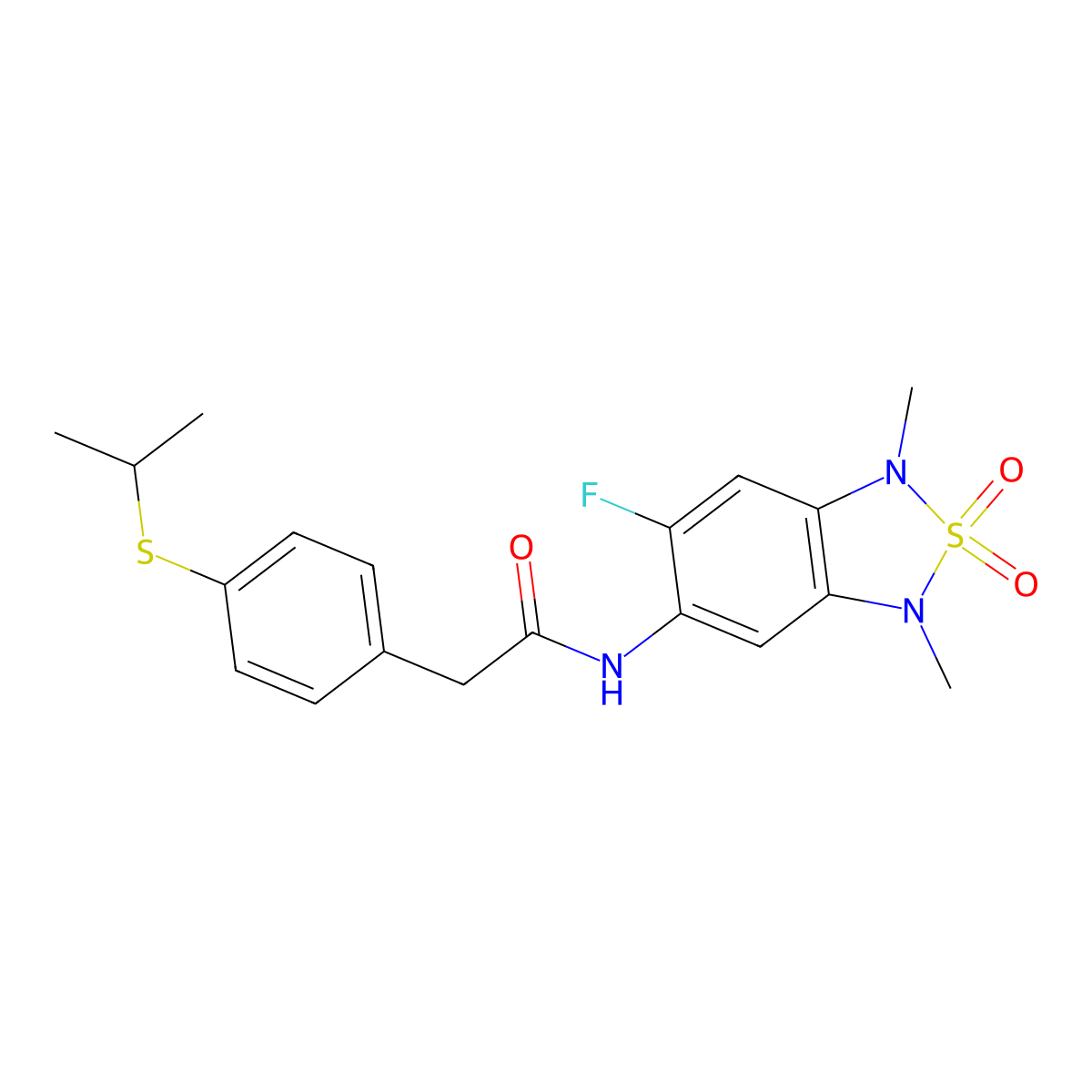 N-(6-fluoro-1,3-dimethyl-2,2-dioxido-1,3-dihydrobenzo[c][1,2,5]thiadiazol-5-yl)-2-(4-(isopropylthio)phenyl)acetamide molecular structure, CAS 2034403-53-5