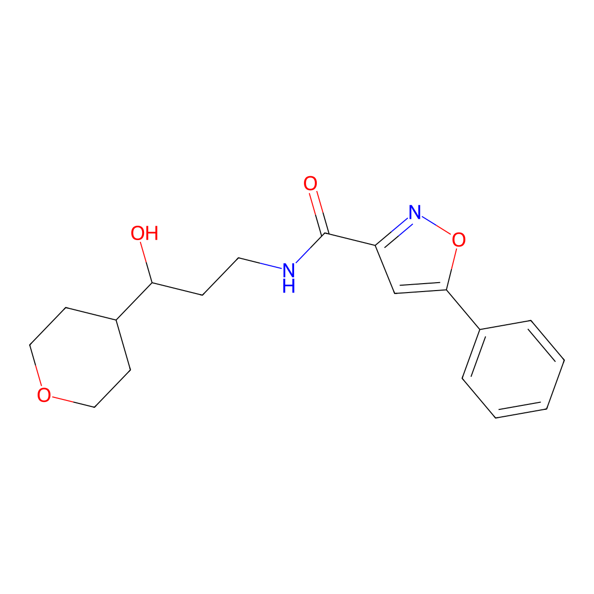 N-(3-hydroxy-3-(tetrahydro-2H-pyran-4-yl)propyl)-5-phenylisoxazole-3-carboxamide molecular structure, CAS 2034403-65-9