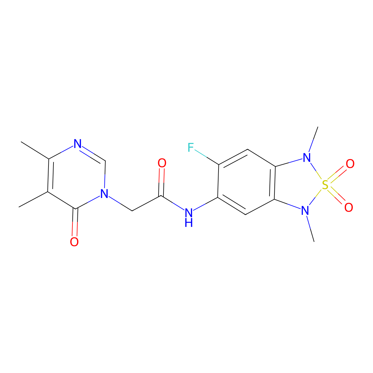 2-(4,5-dimethyl-6-oxopyrimidin-1(6H)-yl)-N-(6-fluoro-1,3-dimethyl-2,2-dioxido-1,3-dihydrobenzo[c][1,2,5]thiadiazol-5-yl)acetamide molecular structure, CAS 2034403-73-9