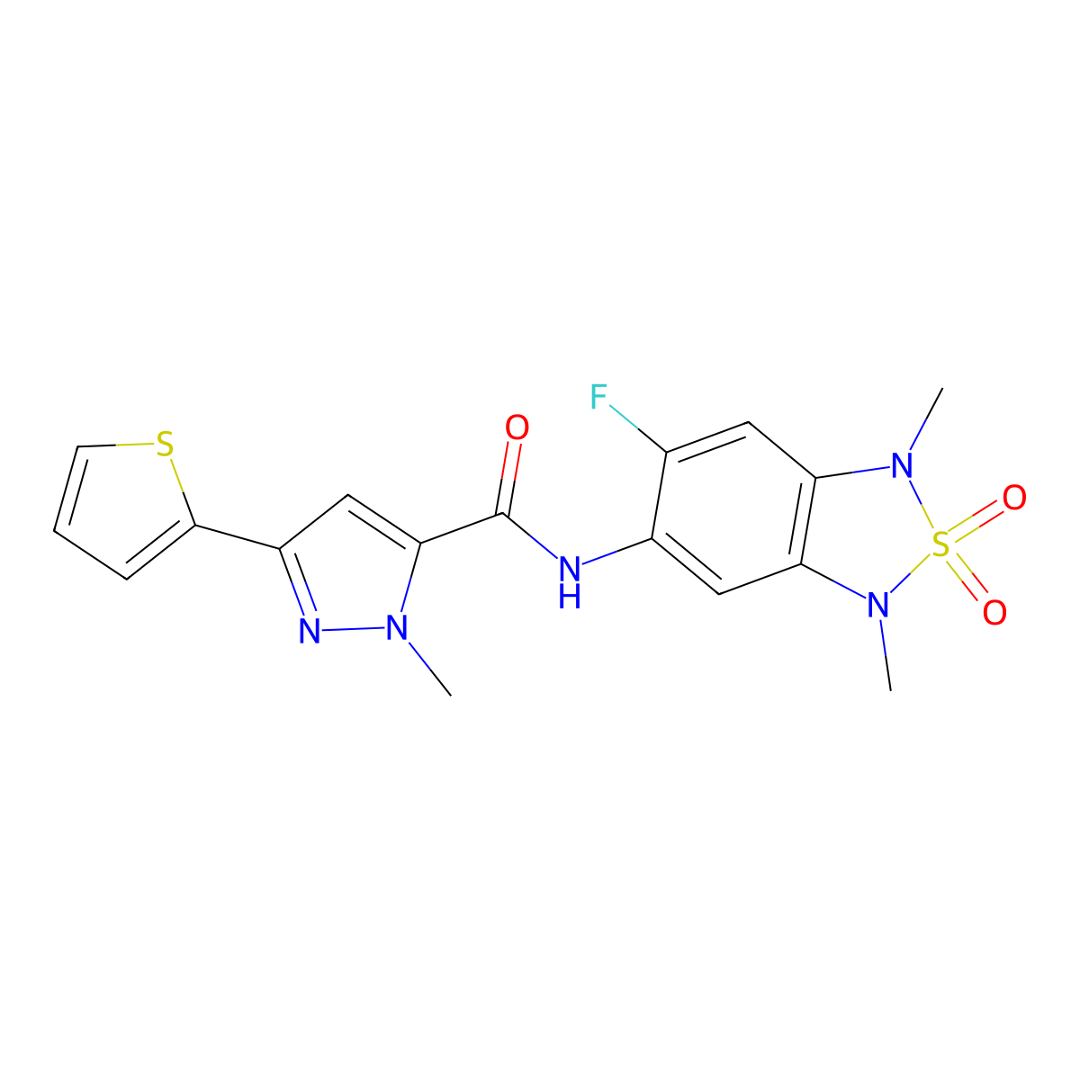 N-(6-fluoro-1,3-dimethyl-2,2-dioxido-1,3-dihydrobenzo[c][1,2,5]thiadiazol-5-yl)-1-methyl-3-(thiophen-2-yl)-1H-pyrazole-5-carboxamide molecular structure, CAS 2034403-79-5