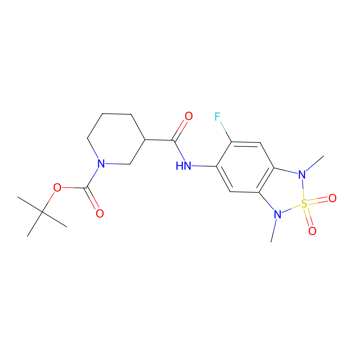 Tert-butyl 3-((6-fluoro-1,3-dimethyl-2,2-dioxido-1,3-dihydrobenzo[c][1,2,5]thiadiazol-5-yl)carbamoyl)piperidine-1-carboxylate molecular structure, CAS 2034403-88-6