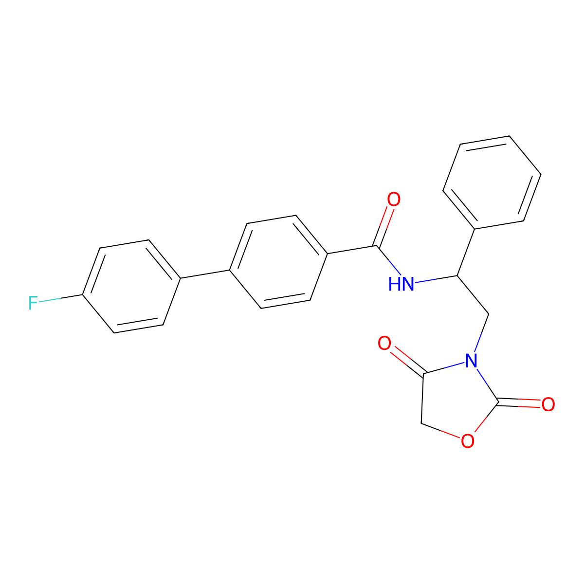 N-(2-(2,4-dioxooxazolidin-3-yl)-1-phenylethyl)-4'-fluoro-[1,1'-biphenyl]-4-carboxamide molecular structure, CAS 2034403-89-7