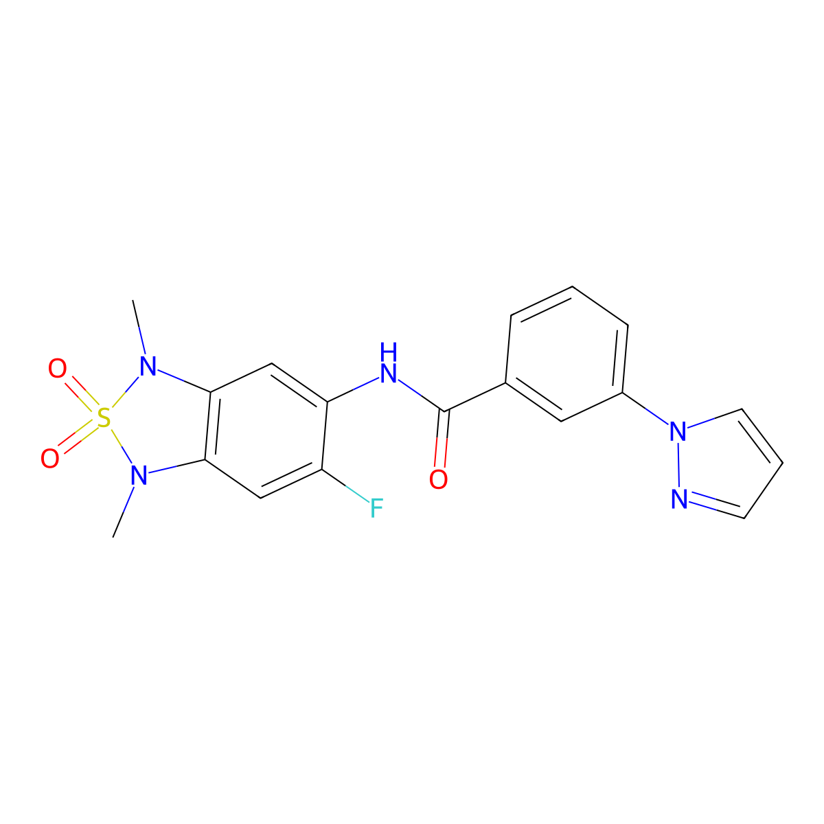 N-(6-fluoro-1,3-dimethyl-2,2-dioxido-1,3-dihydrobenzo[c][1,2,5]thiadiazol-5-yl)-3-(1H-pyrazol-1-yl)benzamide molecular structure, CAS 2034403-96-6