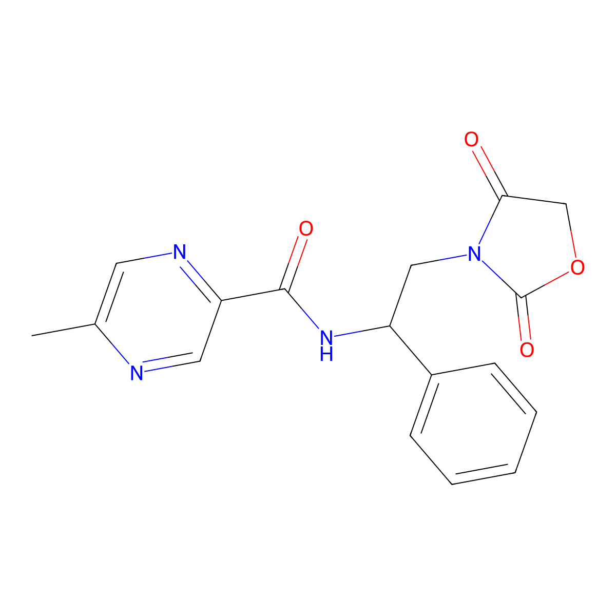 N-(2-(2,4-dioxooxazolidin-3-yl)-1-phenylethyl)-5-methylpyrazine-2-carboxamide molecular structure, CAS 2034404-13-0