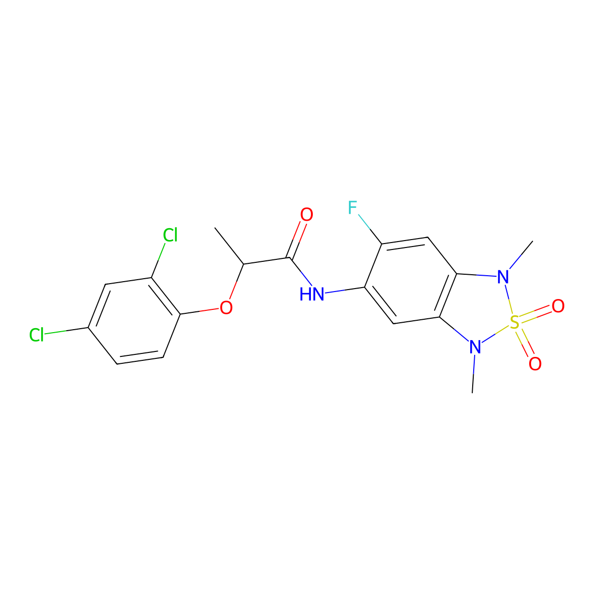 2-(2,4-dichlorophenoxy)-N-(6-fluoro-1,3-dimethyl-2,2-dioxido-1,3-dihydrobenzo[c][1,2,5]thiadiazol-5-yl)propanamide molecular structure, CAS 2034404-16-3