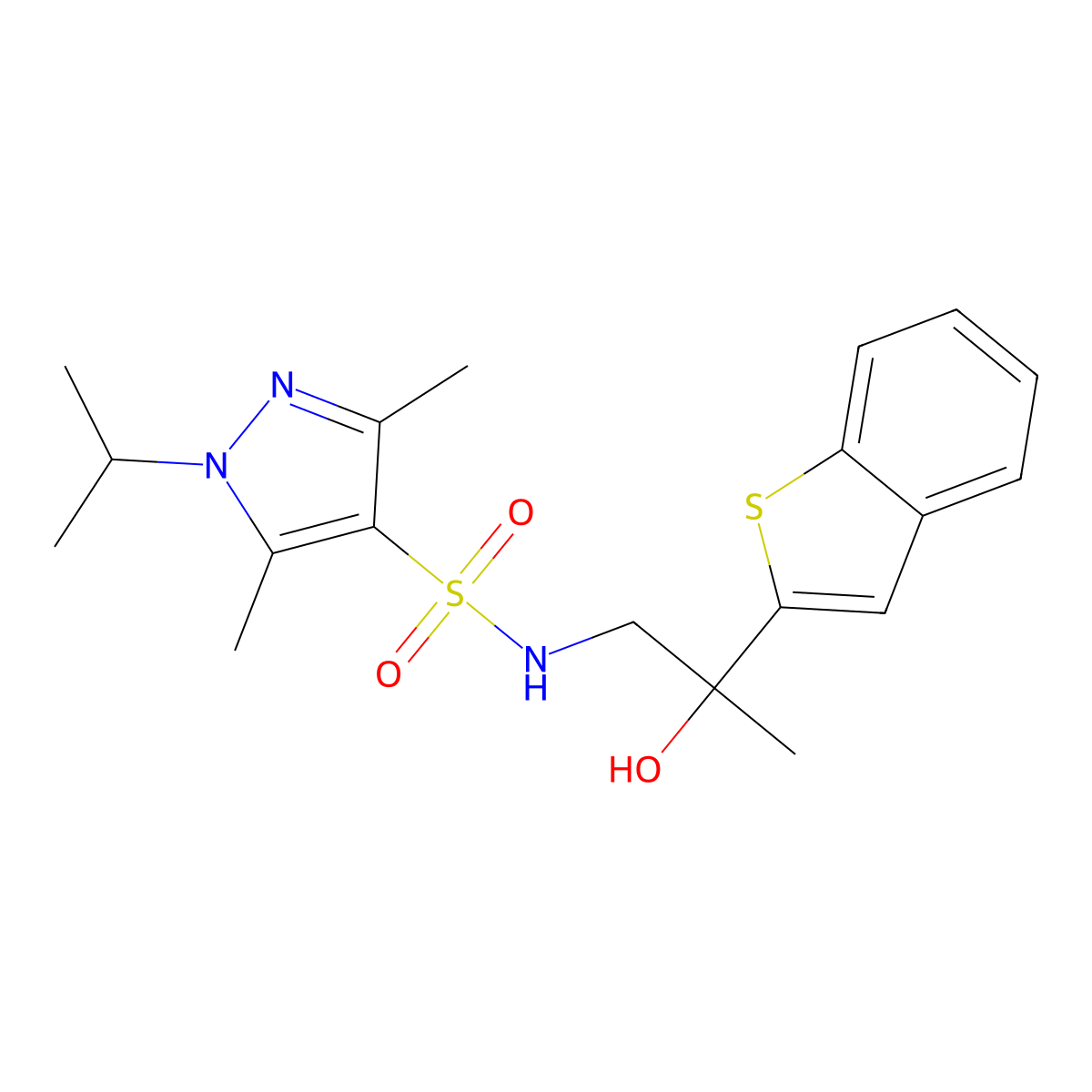 N-(2-(benzo[b]thiophen-2-yl)-2-hydroxypropyl)-1-isopropyl-3,5-dimethyl-1H-pyrazole-4-sulfonamide molecular structure, CAS 2034404-18-5
