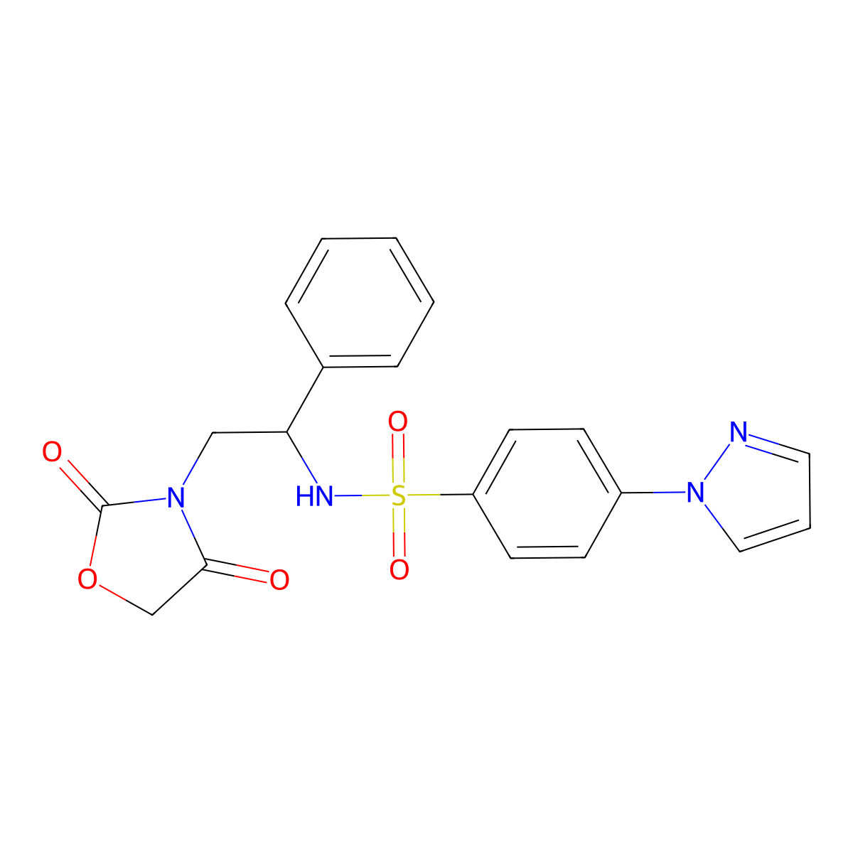 N-(2-(2,4-dioxooxazolidin-3-yl)-1-phenylethyl)-4-(1H-pyrazol-1-yl)benzenesulfonamide molecular structure, CAS 2034404-32-3