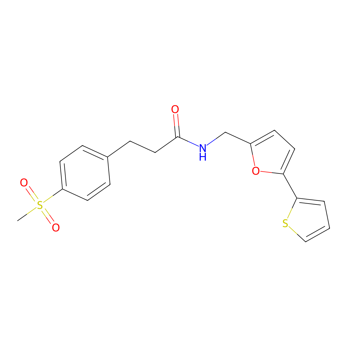 3-(4-(methylsulfonyl)phenyl)-N-((5-(thiophen-2-yl)furan-2-yl)methyl)propanamide molecular structure, CAS 2034404-35-6