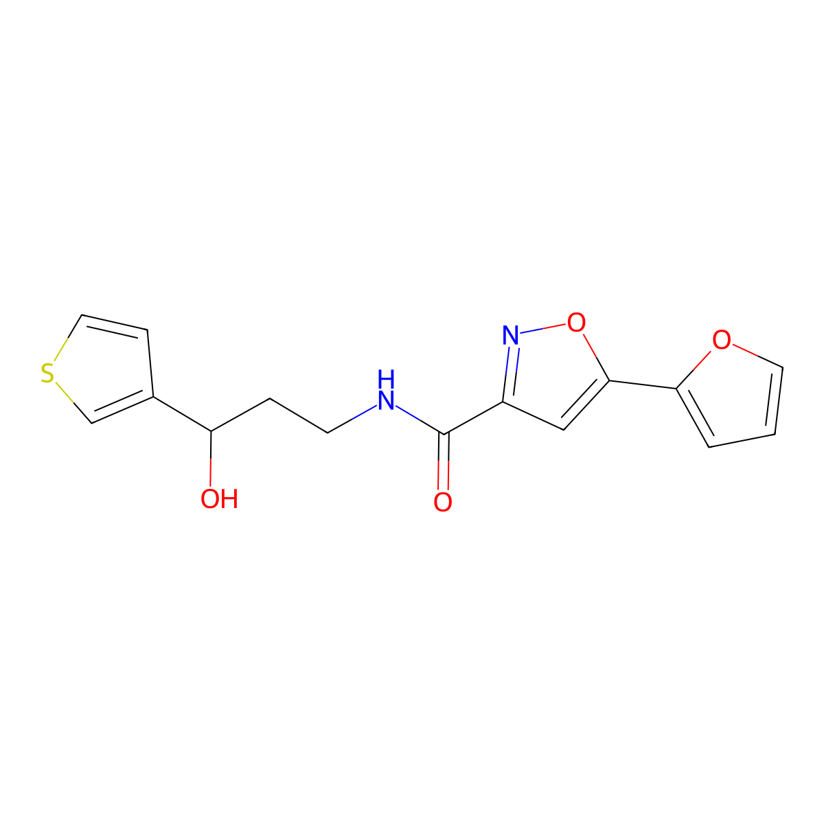 5-(furan-2-yl)-N-(3-hydroxy-3-(thiophen-3-yl)propyl)isoxazole-3-carboxamide molecular structure, CAS 2034404-46-9