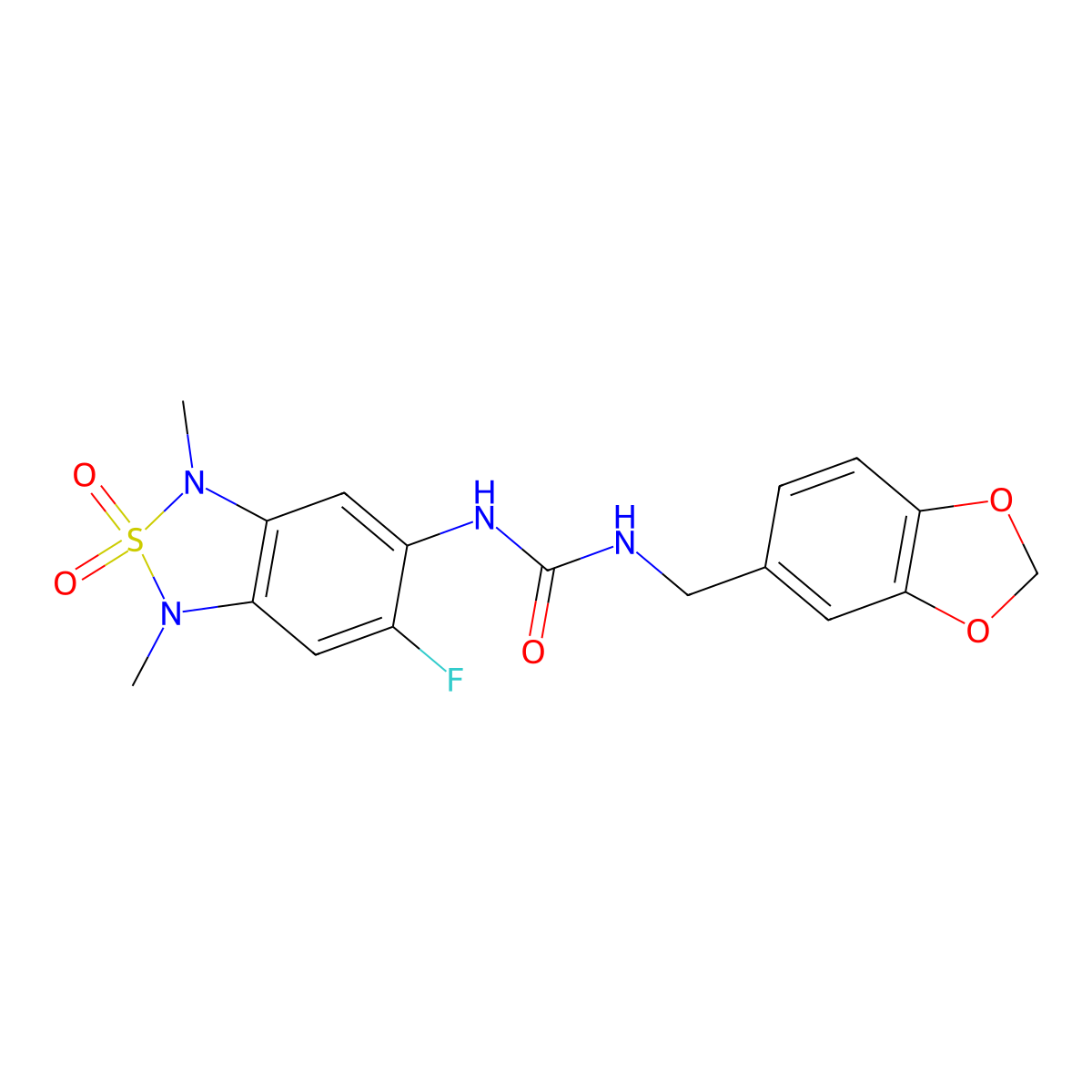 1-(Benzo[d][1,3]dioxol-5-ylmethyl)-3-(6-fluoro-1,3-dimethyl-2,2-dioxido-1,3-dihydrobenzo[c][1,2,5]thiadiazol-5-yl)urea molecular structure, CAS 2034404-54-9