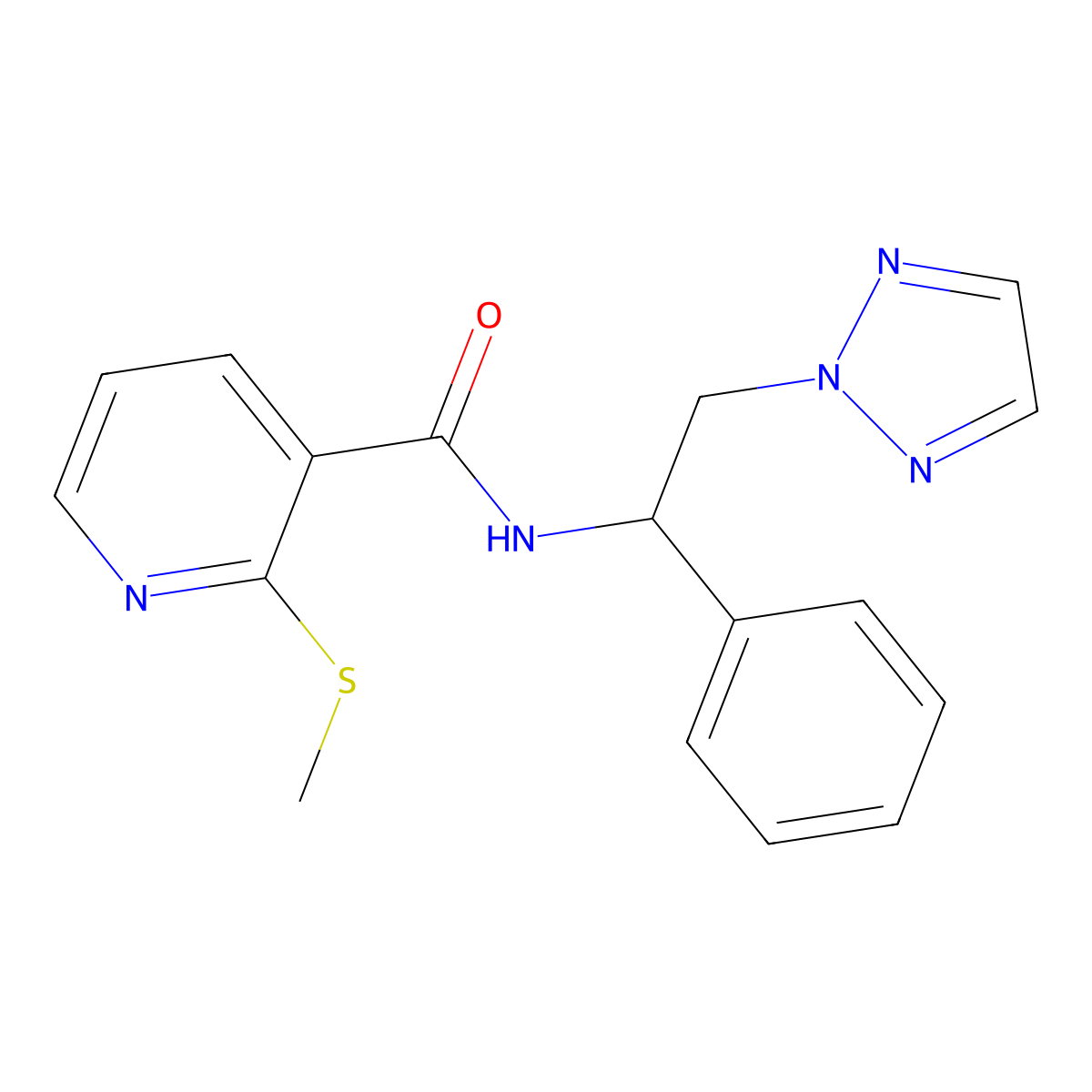 2-(methylthio)-N-(1-phenyl-2-(2H-1,2,3-triazol-2-yl)ethyl)nicotinamide molecular structure, CAS 2034404-79-8
